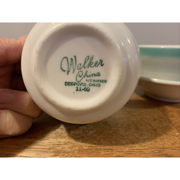 Walker China Bedford Ohio Vitrified Wide Green Rim Snack Plate Bowl Set 11-40/44 - Picture 2 of 7